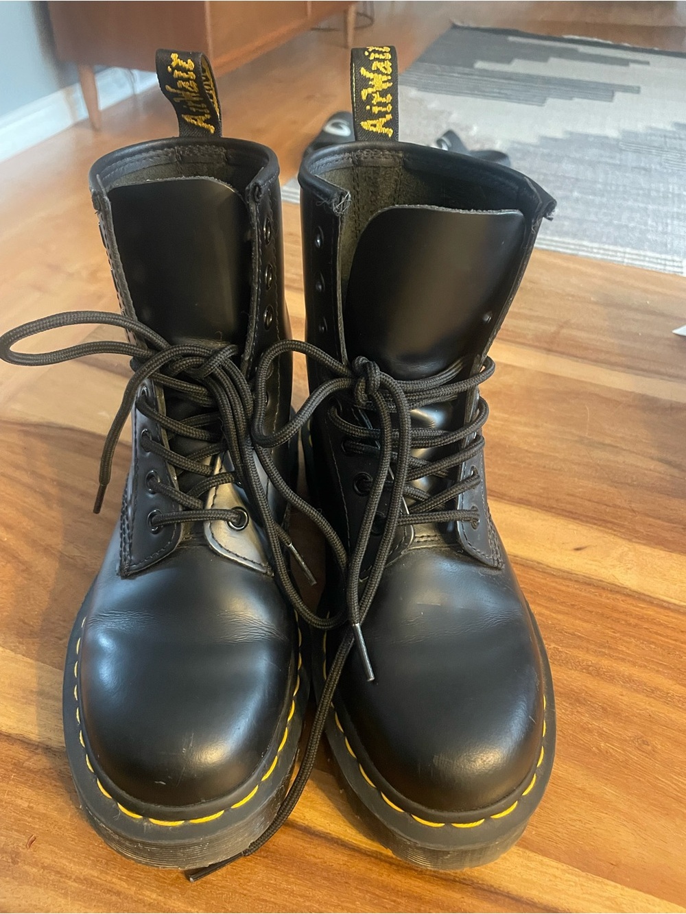 Dr. Martens Black Leather Lace-Up Boots with Yellow Stitching